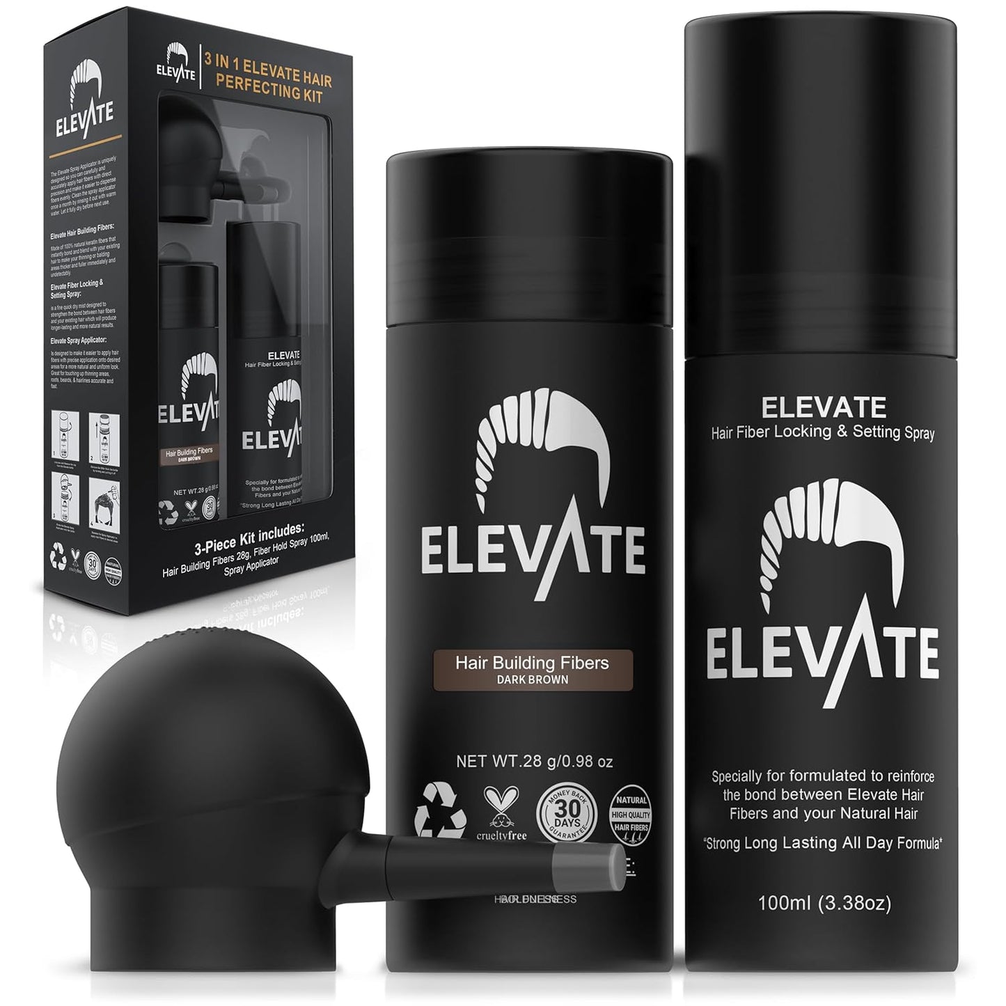 ELEVATE Hair Perfecting 3-in-1 Kit Set Includes Natural Thickening Fibers, Applicator Pump Nozzle & Locking Hold Spray | Instantly Conceal Balding Areas (Dark Brown)