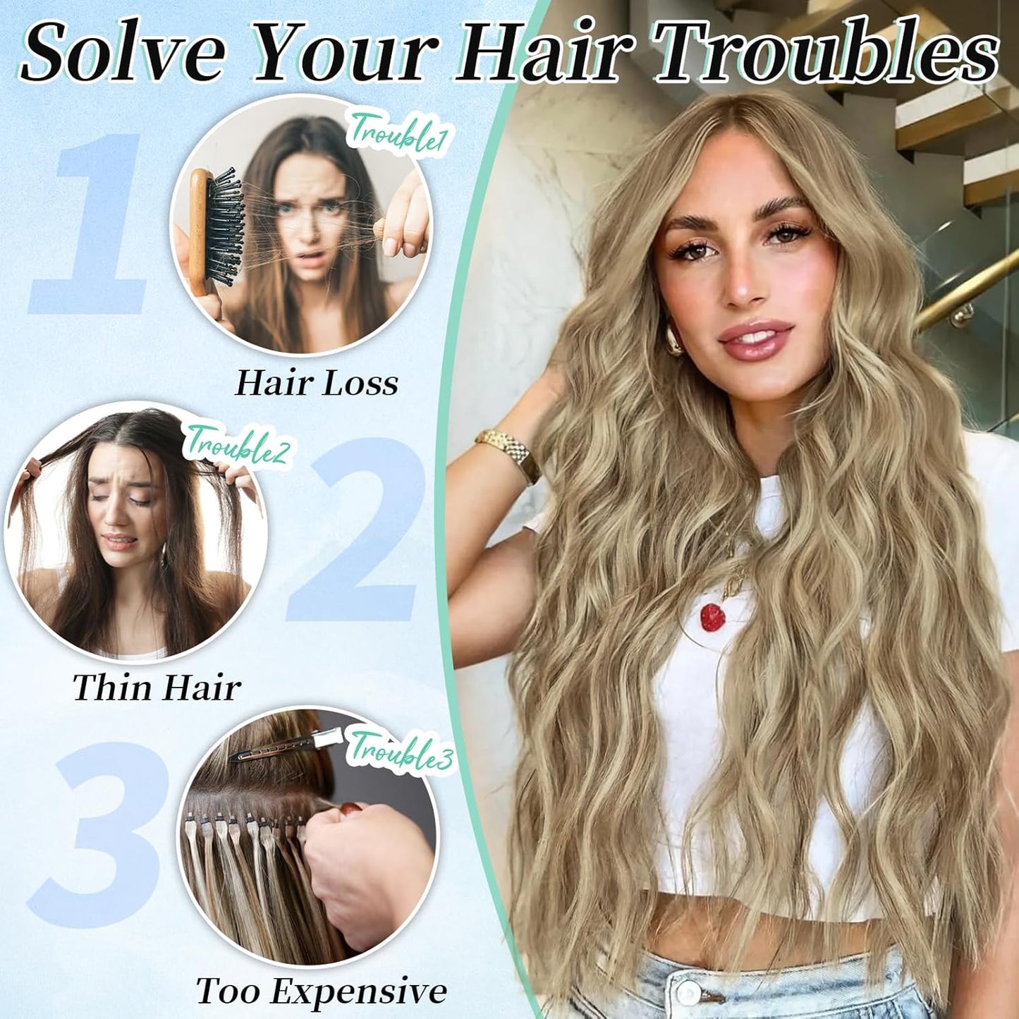 KooKaStyle Clip in Synthetic Hair Extensions Long Wavy 4PCS Thick Hairpieces Light Brown mix Golden Blonde Fiber Double Weft Natural Hair Extensions 20 Inch for Women