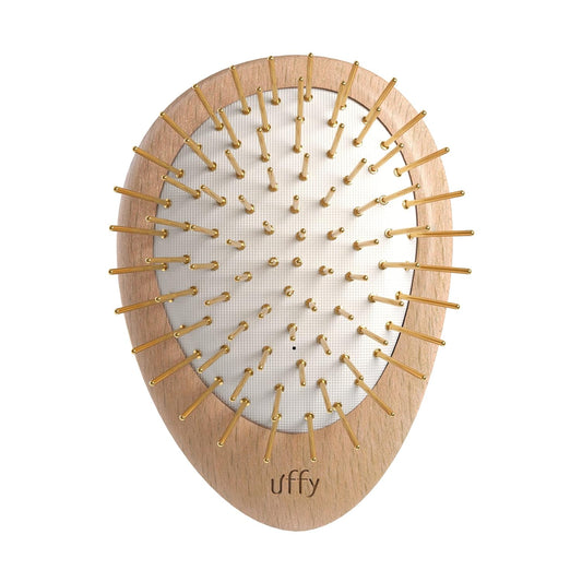 Uffy Acubrusher – 24K Gold-Plated Gua Sha Hair Brush - Ergonomic Scalp Massager for Dandruff & Hair Growth, Suitable for All Hair Types - Ideal Gift Choice in Beech Wood