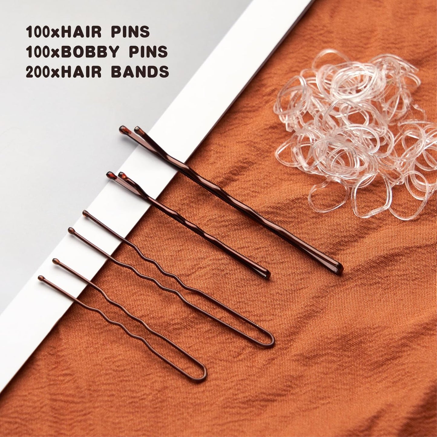 400 PCS Bobby Pins Hair Pins Kit - 100 Brown, 100 U Shape, 200 Hair Bands for Women Girls, Non-Slip Metal Pins, Strong Hold Hair Accessories for Daily Styling and Updos