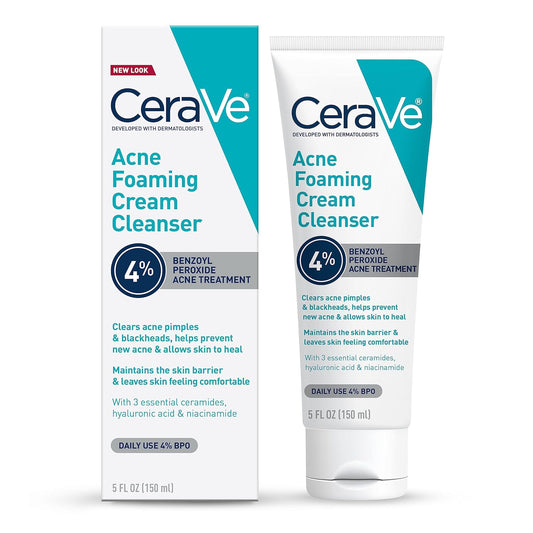 CeraVe Acne Foaming Cream Cleanser, 4% Benzoyl Peroxide Face Wash With Hyaluronic Acid, Niacinamide & Ceramides, Gentle Daily Acne Treatment For Face