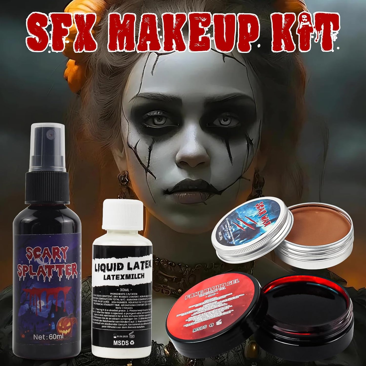 Halloween Fake Blood SFX Makeup Kit – 7PCS Special Effects Set with Fake Blood Spray, Liquid Latex+Scar Wax+Fake Blood Gel+Spatula Tool & 2 Stipple Sponges – Vampire Zombie Makeup Kit for Face & Body