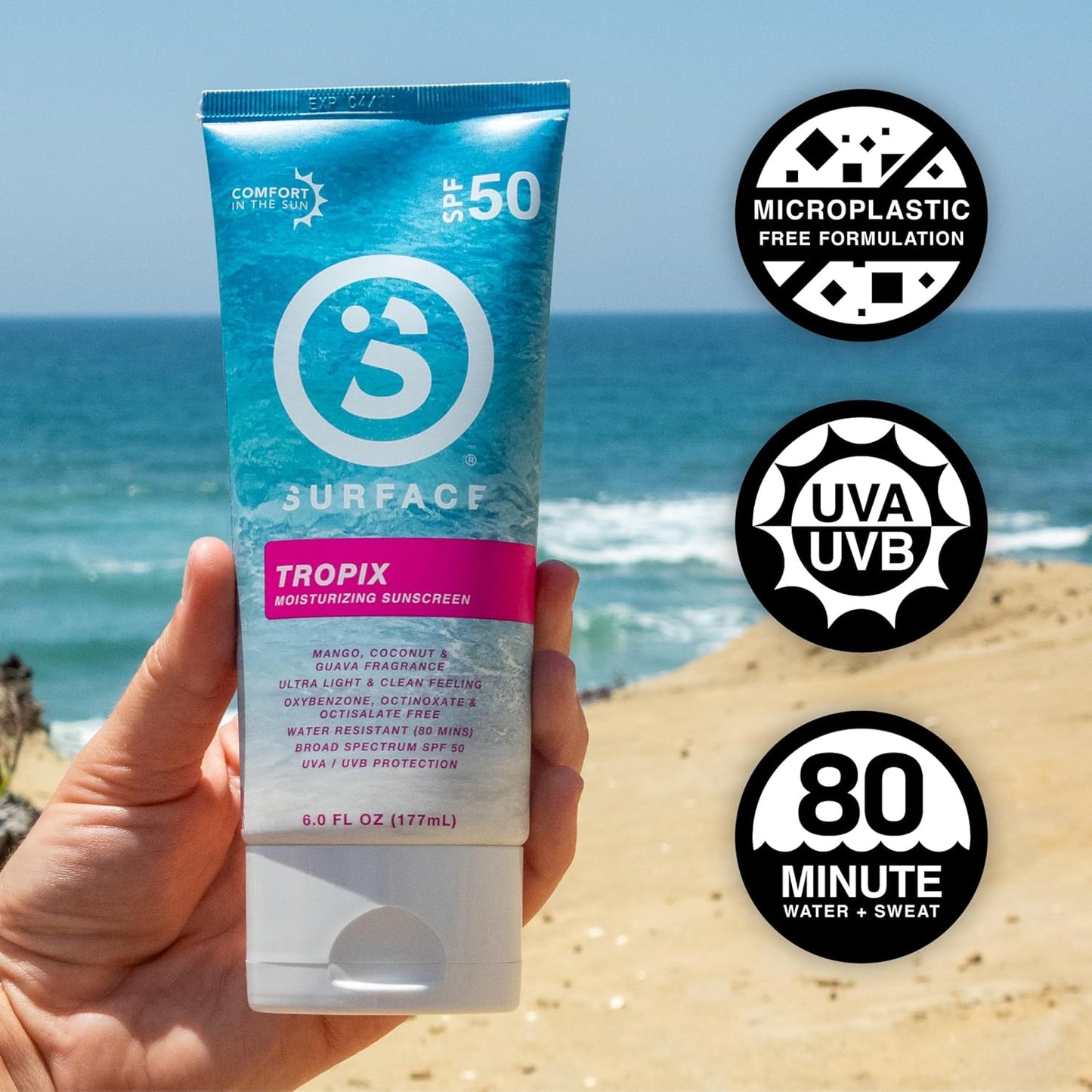 Surface Sunscreen Lotion SPF 50 for Face & Body, Lightweight Natural Formula, Reef Friendly, Broad Spectrum UVA UVB Protection, Water Resistant Sun Care for 80 Minutes Outdoor Use, Tropical Scent, 6oz