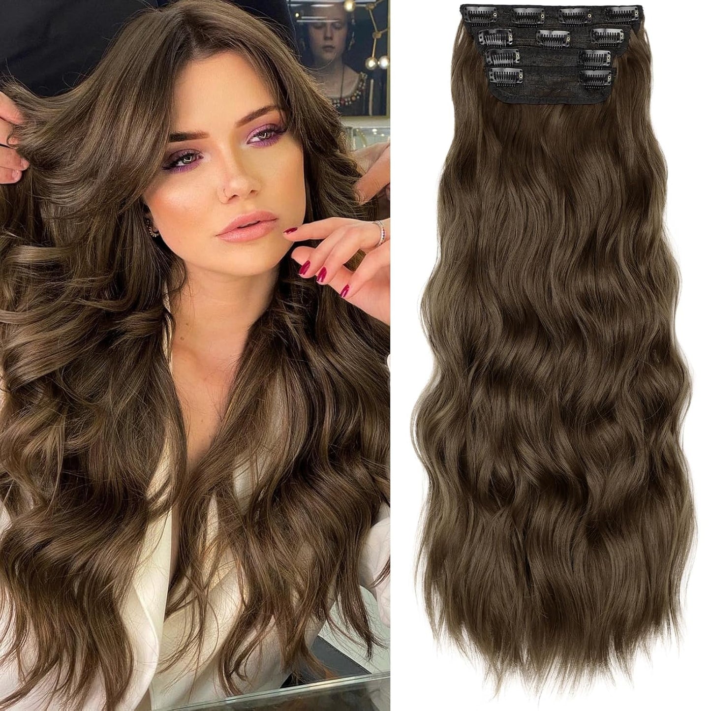 KooKaStyle Clip in Synthetic Hair Extensions Long Wavy 4PCS Thick Hairpieces Chestnut Brown Fiber Double Weft Natural Hair Extensions 24 Inch for Women