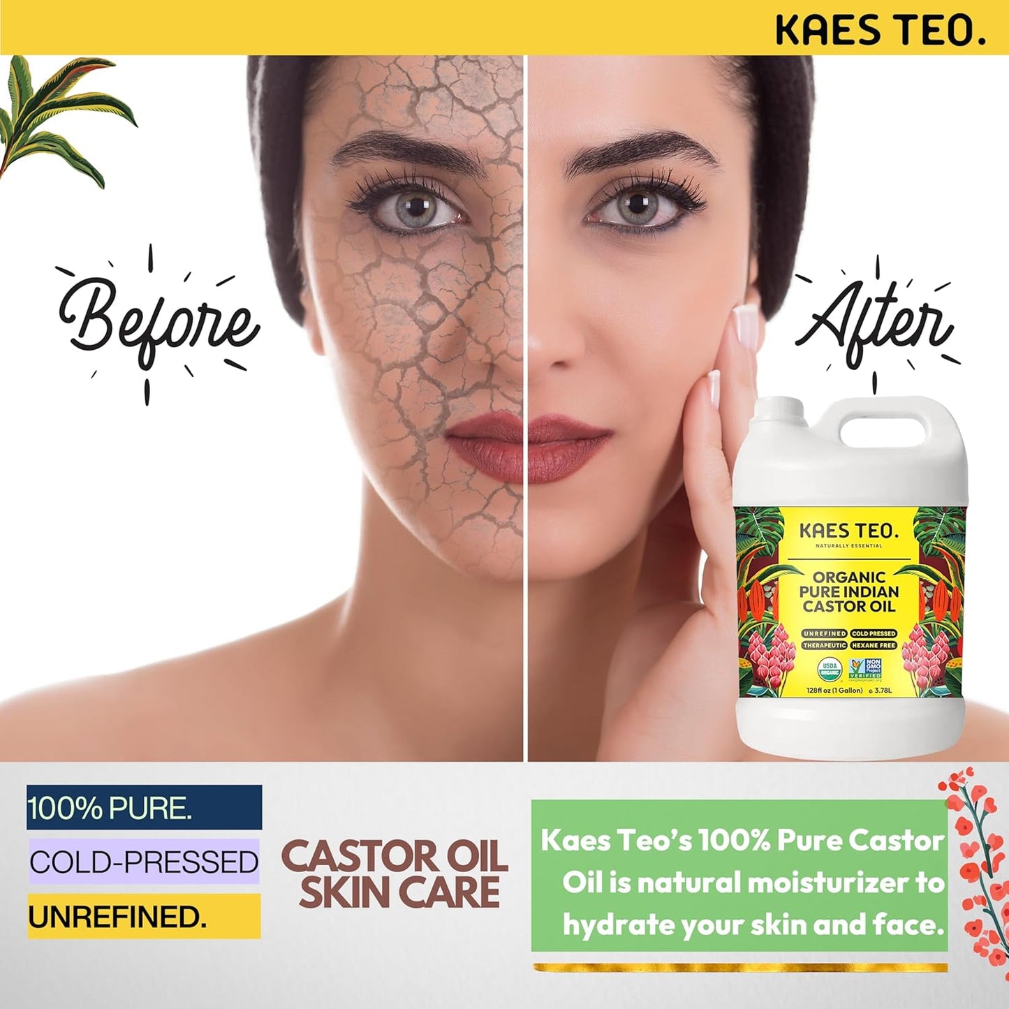 Organic Castor Oil 1 Gallon (128 fl oz) Bulk, 100% Pure Cold-Pressed, Hexane Free, Eyelash, Eyebrow & Hair Growth Serum, Skin Moisturizer, Massage, Hair Loss, Dandruff, Detox and Wraps