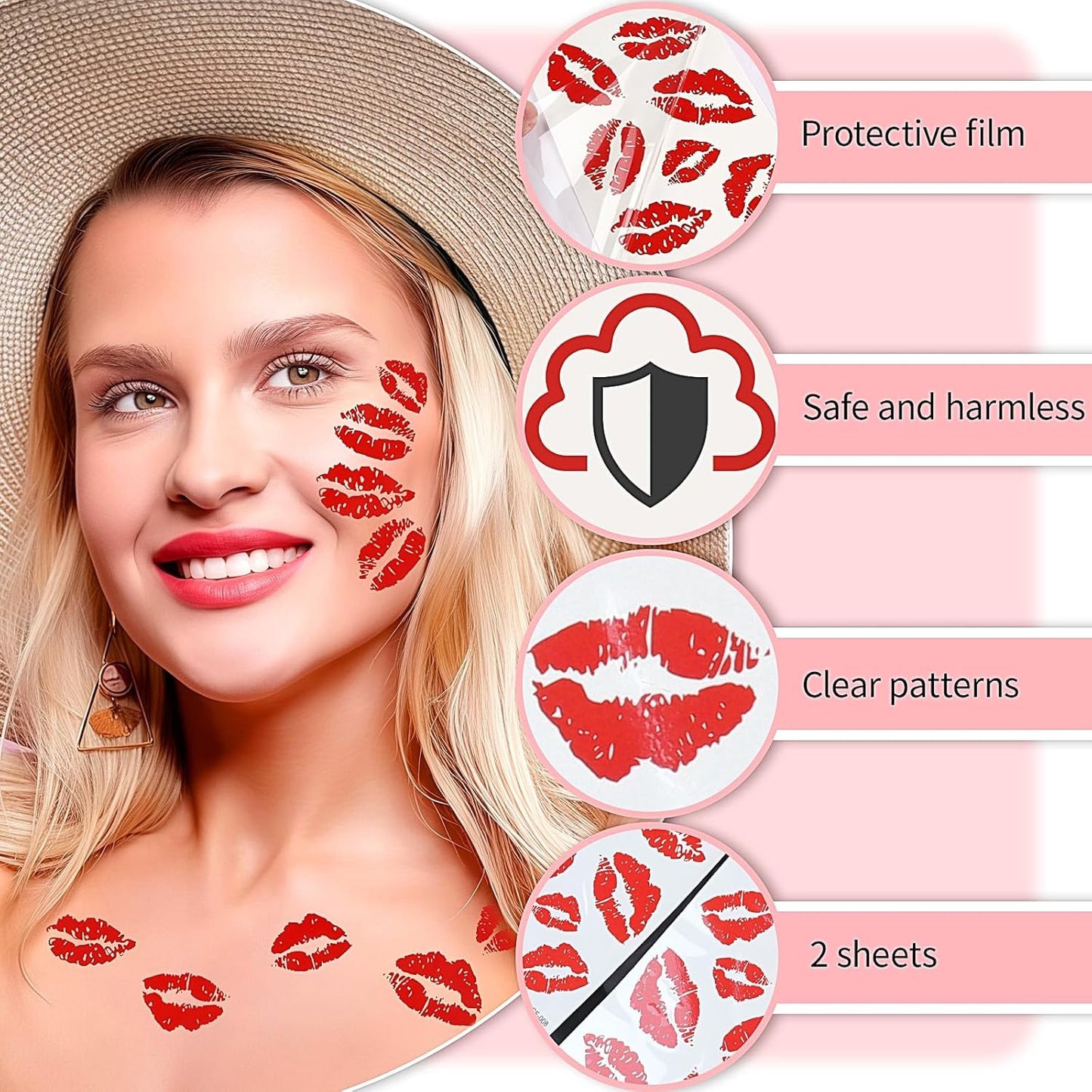 Red Lip Prints Temporary Tattoo Sticker Kiss Fake Tattoos Lip Waterproof Stickers for Adult Women Girls Face Body 2 Sheets