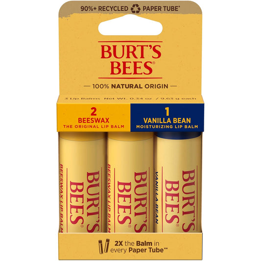 Burt's Bees Moisturizing Lip Balm, 2 Original Beeswax and 1 Vanilla Bean, 100% Natural Origin, 0.34 Ounce Each, 3 Paper Tubes, Pack May Vary