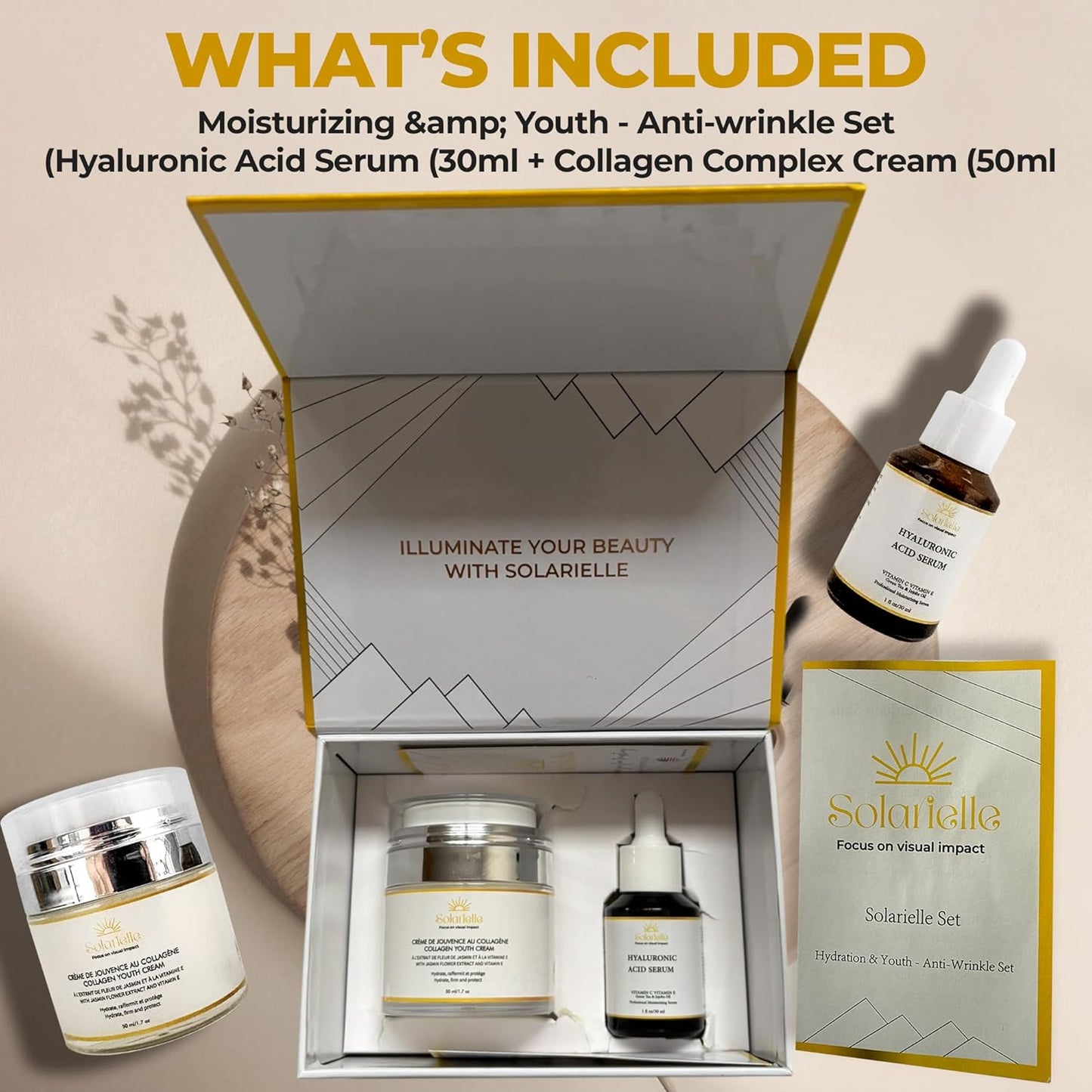 "SOLARIELLE Anti-Aging Skincare Set | Hyaluronic Acid Serum & Collagen Cream | Face & Neck Duo for Wrinkle Reduction | Natural Peptide Formula"