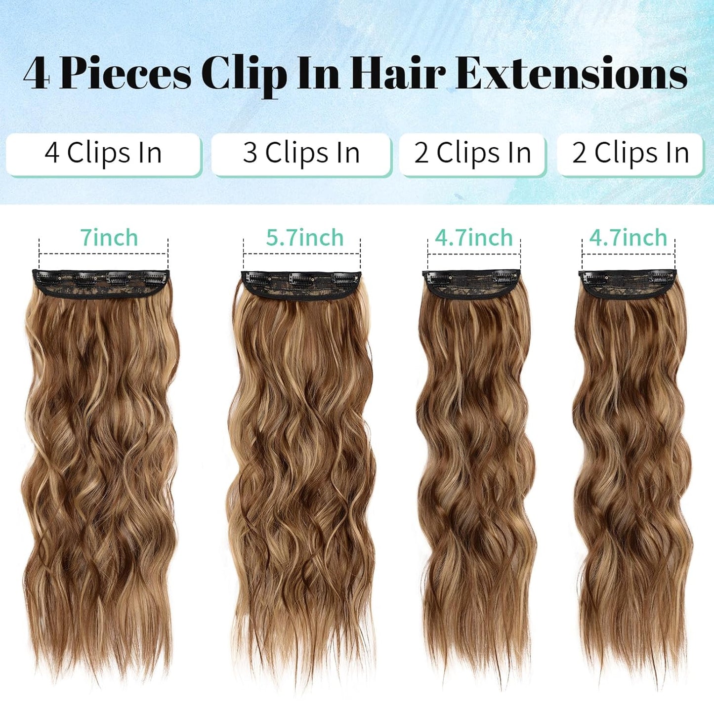 KooKaStyle Clip in Synthetic Hair Extensions Long Wavy 4PCS Honey Blonde Mixed Light Fiber Double Weft Natural Hair Extensions 20 Inch for Women