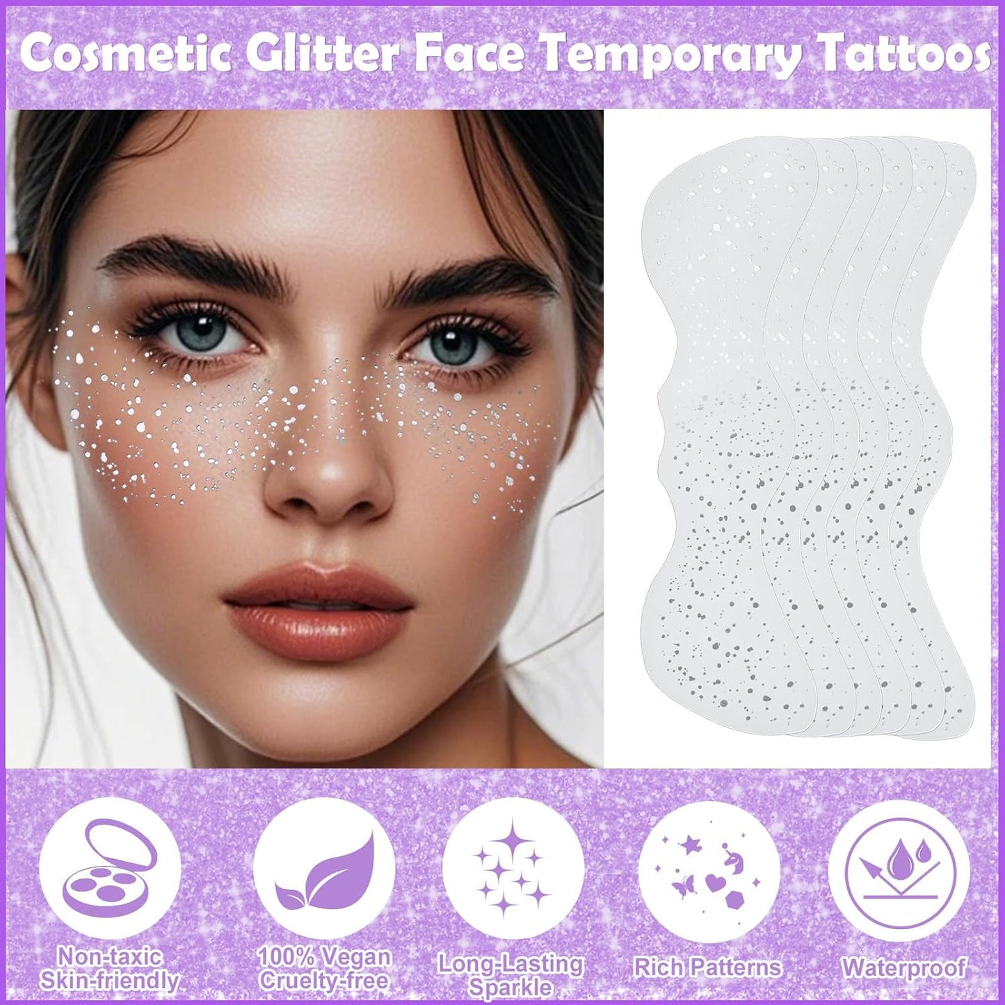 Yosca Glitter Freckles Face Tattoo, 6Pcs Metallic Silver Temporary Tattoos for Body Face Freckle Makeup, Waterproof Glitter Makeup Patches for Festival Concert Party Girl Women Rave Accessories
