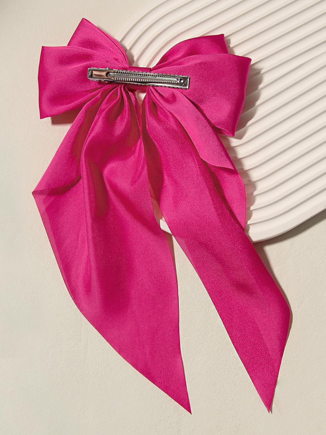 Furling Pompoms Hair Bows for Women Girls, 3pcs Big Bow Hair Clips Ribbon Hair Bow Ponytail Accessories, Holiday Party Back to School (Green/White/Hot pink)