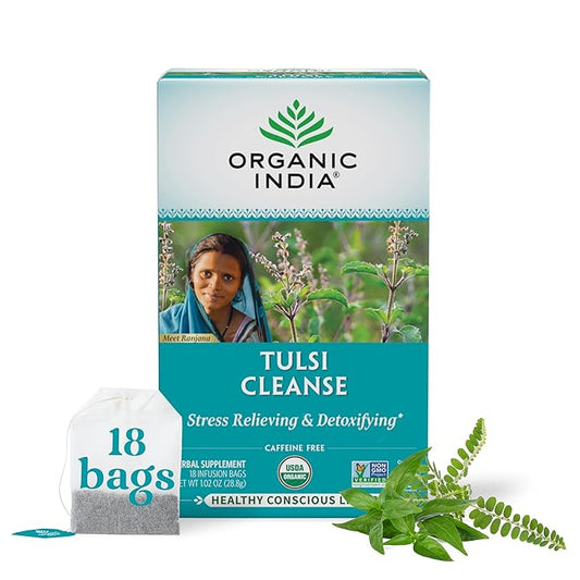 Organic India Tulsi Cleanse Herbal Tea - Holy Basil, Stress Relieving & Cleansing, Immune Support, Adaptogen, Vegan, USDA Certified Organic, Non-GMO, Caffeine-Free - 18 Infusion Bags, 1 Pack