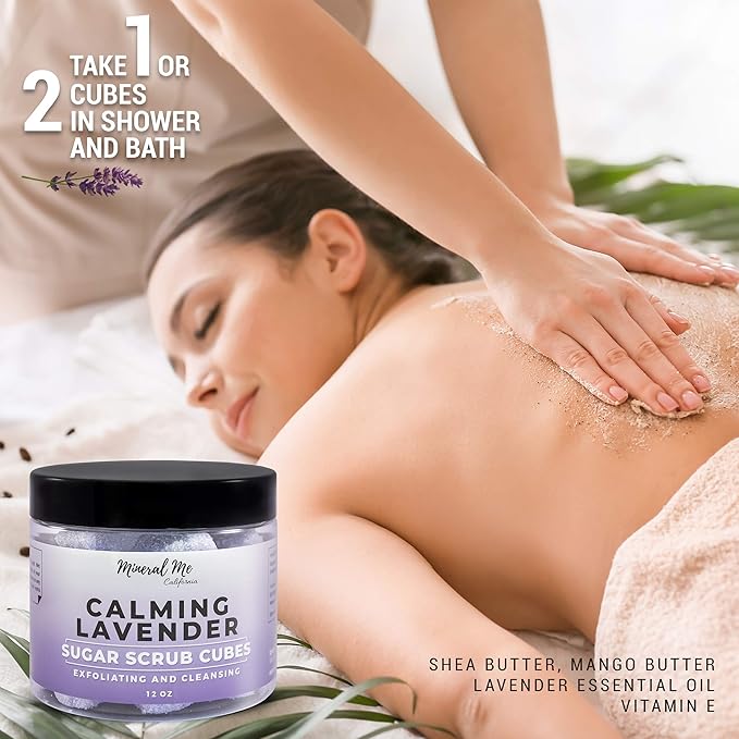 Exfoliating Body Scrub - 12oz LAVENDER Sugar scrub cubes w/Mango Butter & Shea butter- Ultra Hydrating & Moisturizing - Natural & Organic for all body exfoliation-For hands, arms legs, elbow & foot