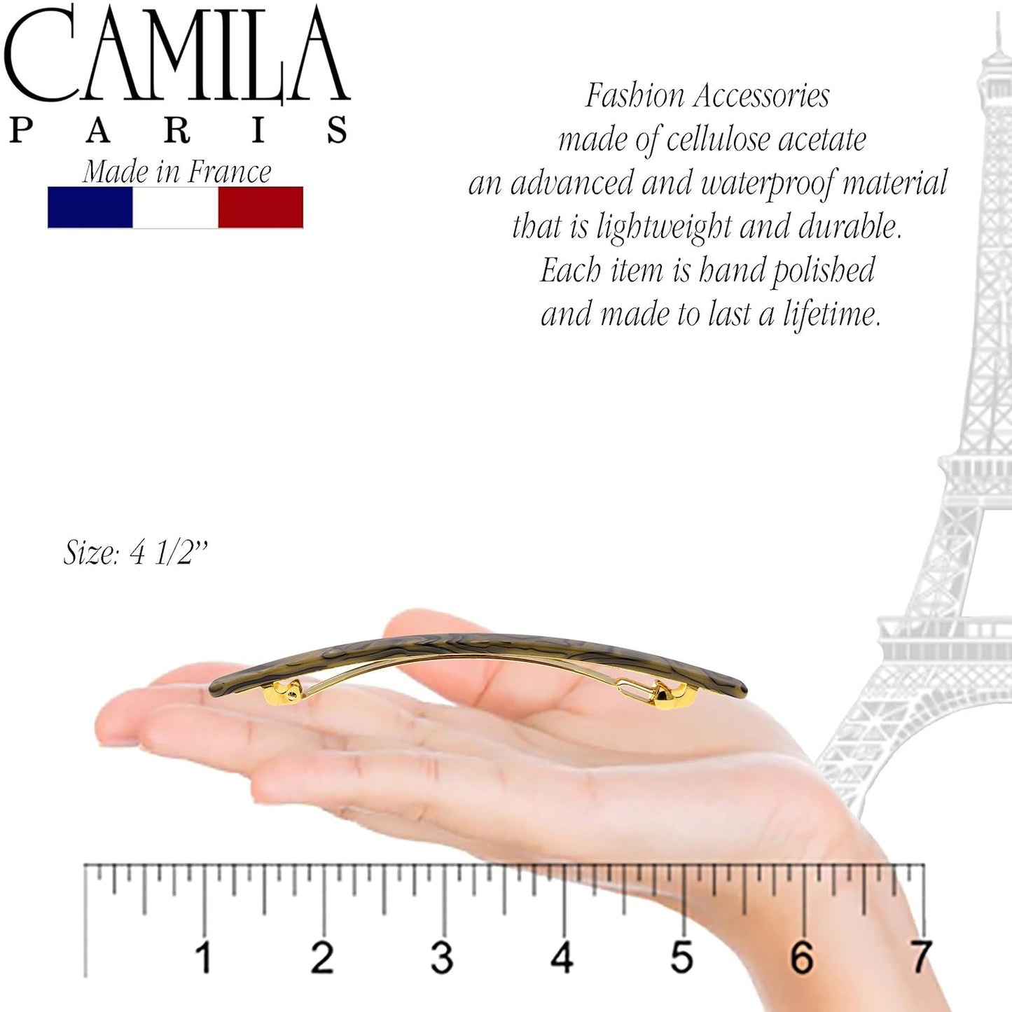 Camila Paris CP2979 French Hair Barrette Large Handmade Copper, Long Skinny Strong Hold Grip Hair Clips for Women, Thin Automatic No Slip and Durable Styling Girls Hair Accessories, Made in France