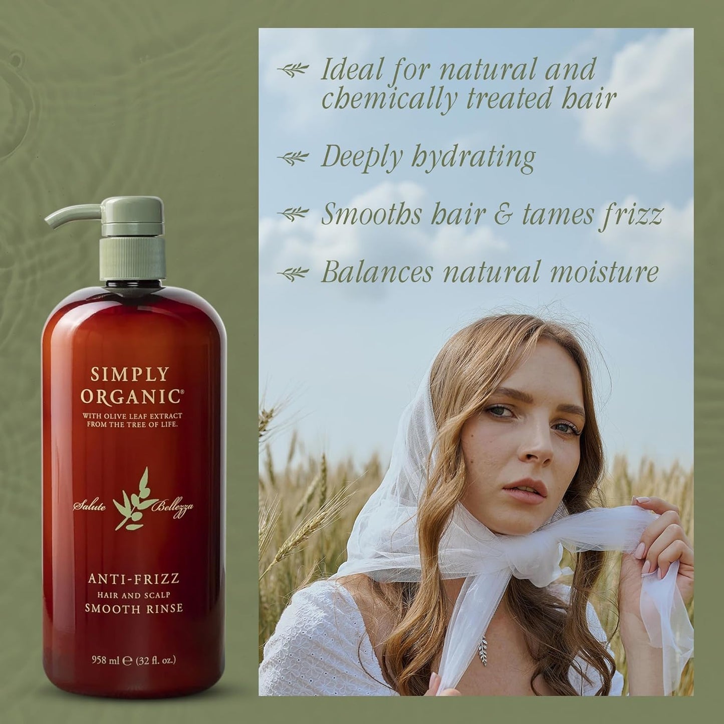 SIMPLY ORGANIC Frizz Control Deep Scalp & Hair Conditioner, Made in Italy, All Natural Cruelty Free Hair Care for Women & Men, Aloe, Jojoba Oil, Olive Leaf Extract, 32 fl oz/958 ml, ANTI-FRIZZ