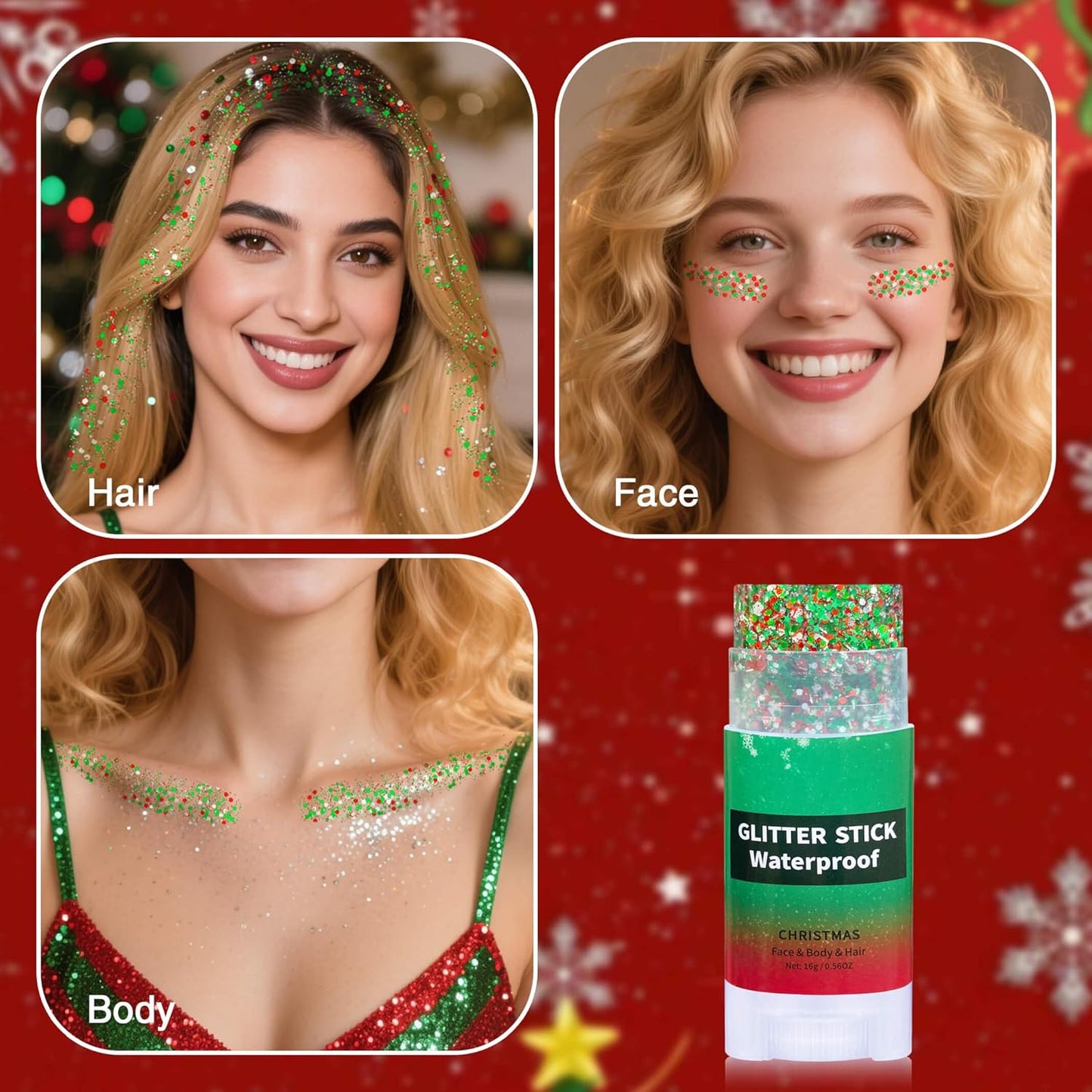 Christmas Hair Glitter Stick,Green Red Face Body Glitter for Kids,Waterproof Christmas Outfits for Women, Stocking Stuffers Sparkling Festival Party Gift for Women Girls,Chunky Glitter Makeup