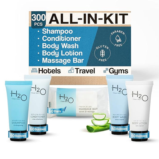 H2O Therapy Hotel Soaps & Toiletries Bulk Set | 1-Shoppe Amenities Kit | 0.85oz Shampoo & Conditioner, Body Wash, Lotion, 1oz Bar Soap | Travel Size | 300 Pieces