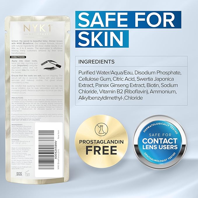 NYK1 CONCENTRATED Eyebrow Growth Serum For Thicker Brows (3ml) BrowForce Eyebrow Serum To Grow Brows For Fuller Thicker Natural Brow - Advanced Eye Brow Growth Serums Formula For Eyebrows Regrowth