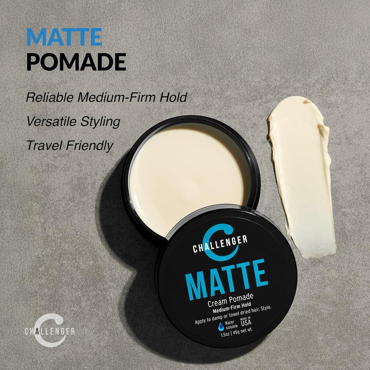 Challenger Matte Cream Pomade | Natural, Shine Free Styling Product | Medium Firm All-Day Hold | Travel Friendly Water Based Hair Gel | For All Hair Types | 1.5oz