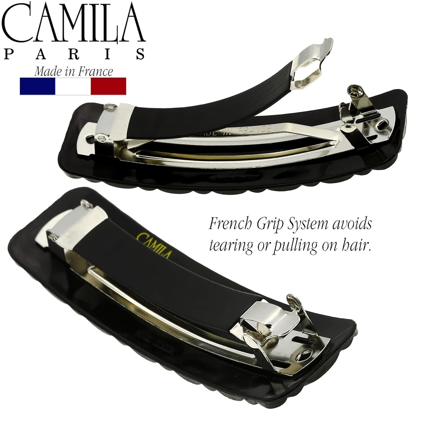 Camila Paris CP2650 French Hair Barrette Clip for Girls, Black, Rubberized Metal Closure Strong Hold Grip Hair Clips for Women, No Slip and Durable Styling Girls Hair Accessories, Made in France