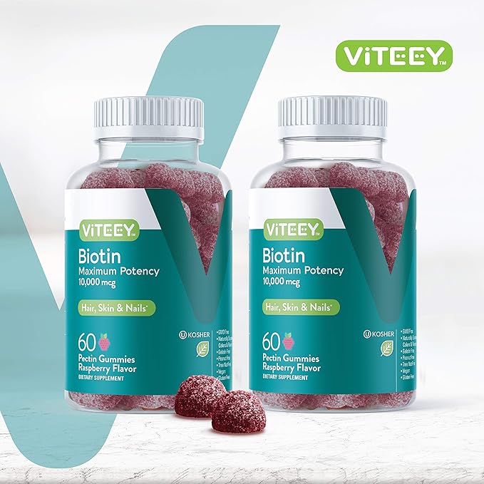 Biotin Gummies for Hair Skin Nails 10,000mcg - Hair Growth Gummies, Healthy Skin Glow, Strong Healthy Nail Growth - Vegan, Gluten Free, Gelatin Free, GMO Free - Tasty Chewable Raspberry Flavor