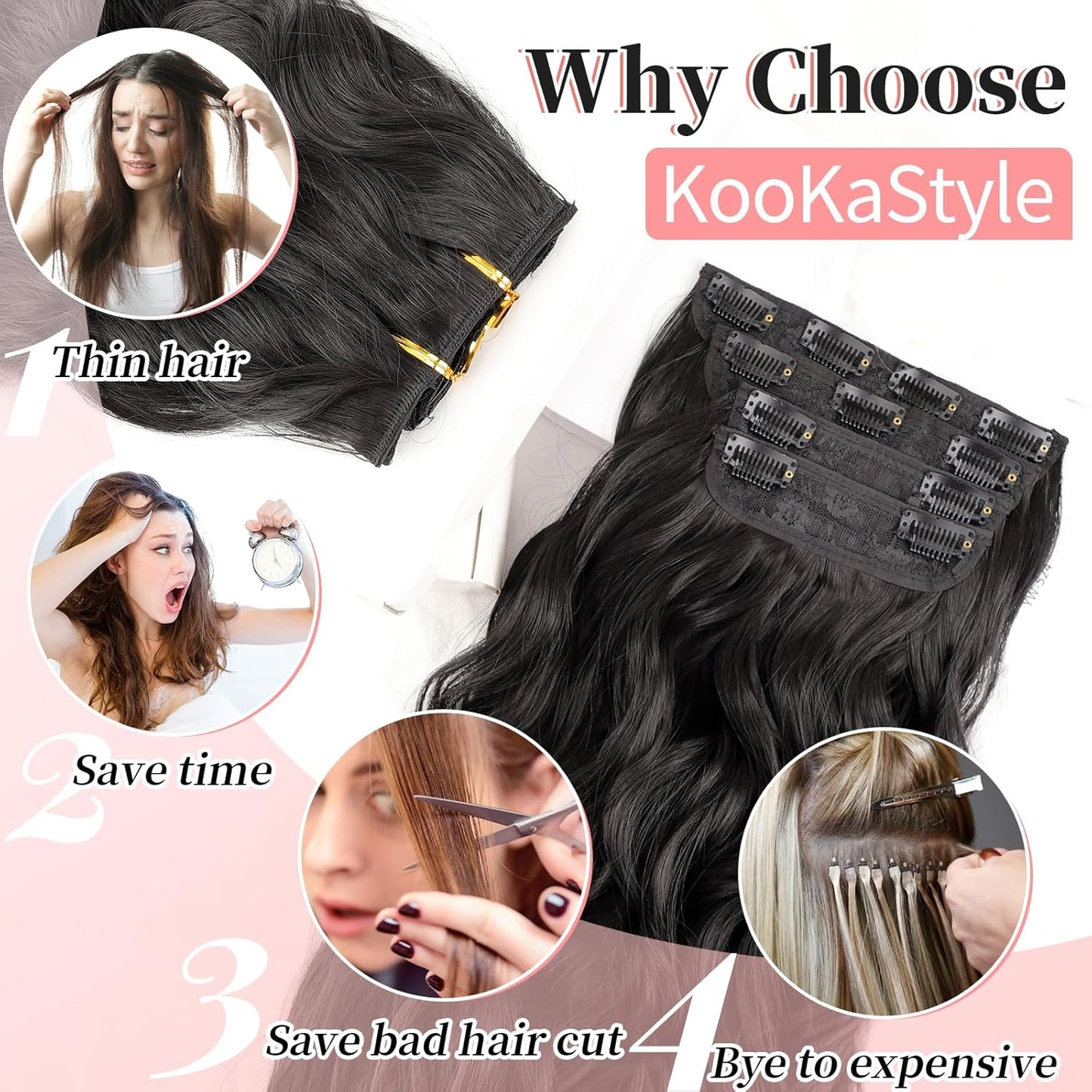 KooKaStyle Clip in Synthetic Hair Extensions Long Wavy 4PCS Thick Hairpieces Black Fiber Double Weft Natural Hair Extensions 20 Inch for Women
