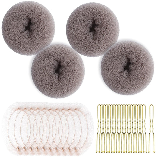 Teenitor Hair Bun Maker Kit and Hair Net, 4 Pcs Medium Hair Donuts For Buns, 10 Pcs Mesh Hair Nets Invisible, 10 Pcs U Shaped Hair Pins for Women, Tan Brown