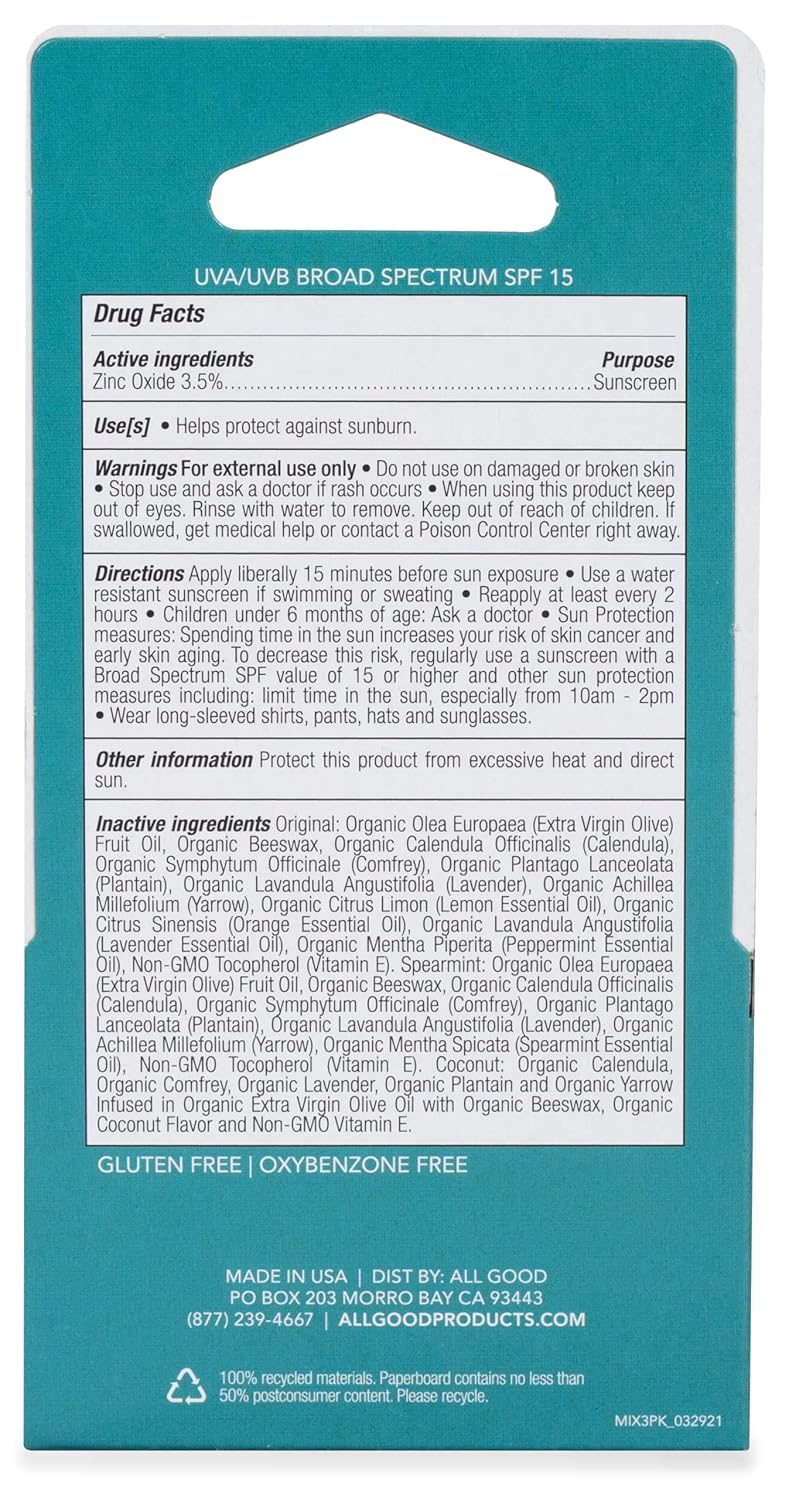 All Good Organic SPF15 Lip Balm - Hydrating Lip Care with Olive Oil, Beeswax, Calendula, Lavender, Vitamin E - Lip Moisturizer with Zinc Oxide Protection - Original, Spearmint & Coconut (3-pack)