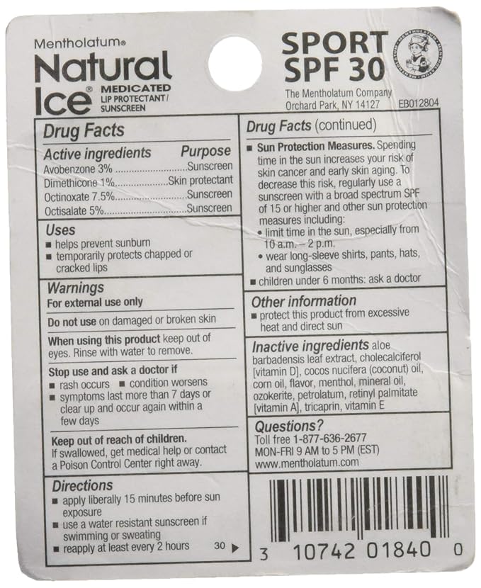 Natural Ice Mentholatum Sport Medicated Lip Protectant With Spf 30 Sunscreen, 0.15 Ounce (Pack of 2)