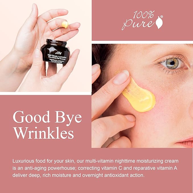 100% PURE Multi-Vitamin + Antioxidants Ultra Riche PM Treatment Skin Renewing Night Cream Vitamin C & Retinol Facial Moisturizer, Powerful Anti-Aging Moisture Replenishment - 1.5 oz
