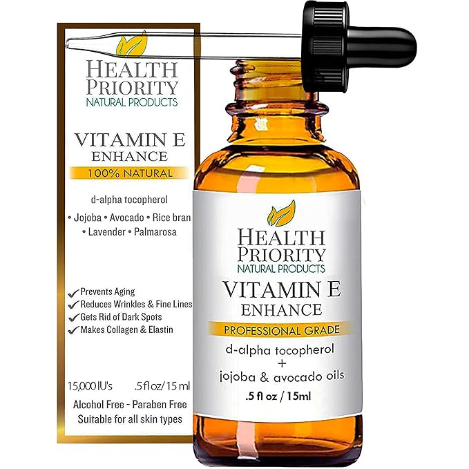 Health Priority Vitamin E Oil - 15,000 IU Vitamin E Serum for Face and Hair - Organic, Handmade - Non-GMO, Gluten-Free, Vegan - Oil for Scars, Wrinkles, Stretch Marks - Scented, 0.5 Fl Oz