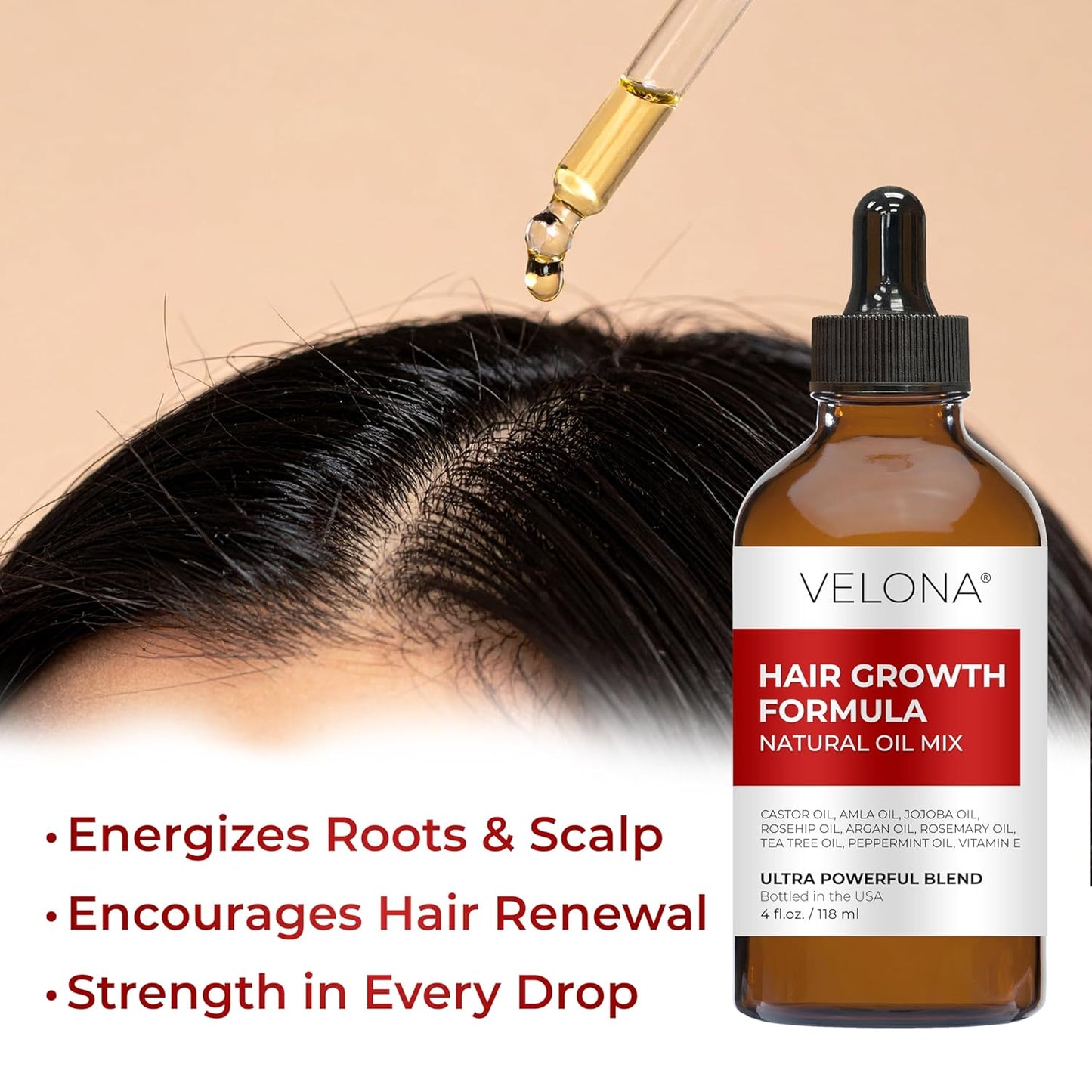 velona Hair Growth Formula - 4 oz | Castor, Amla, Jojoba, Argan, Rosemary, Peppermint, Tea Tree Oils, Vitamin E | Natural Mix with Organic Carrier and Essential Oils