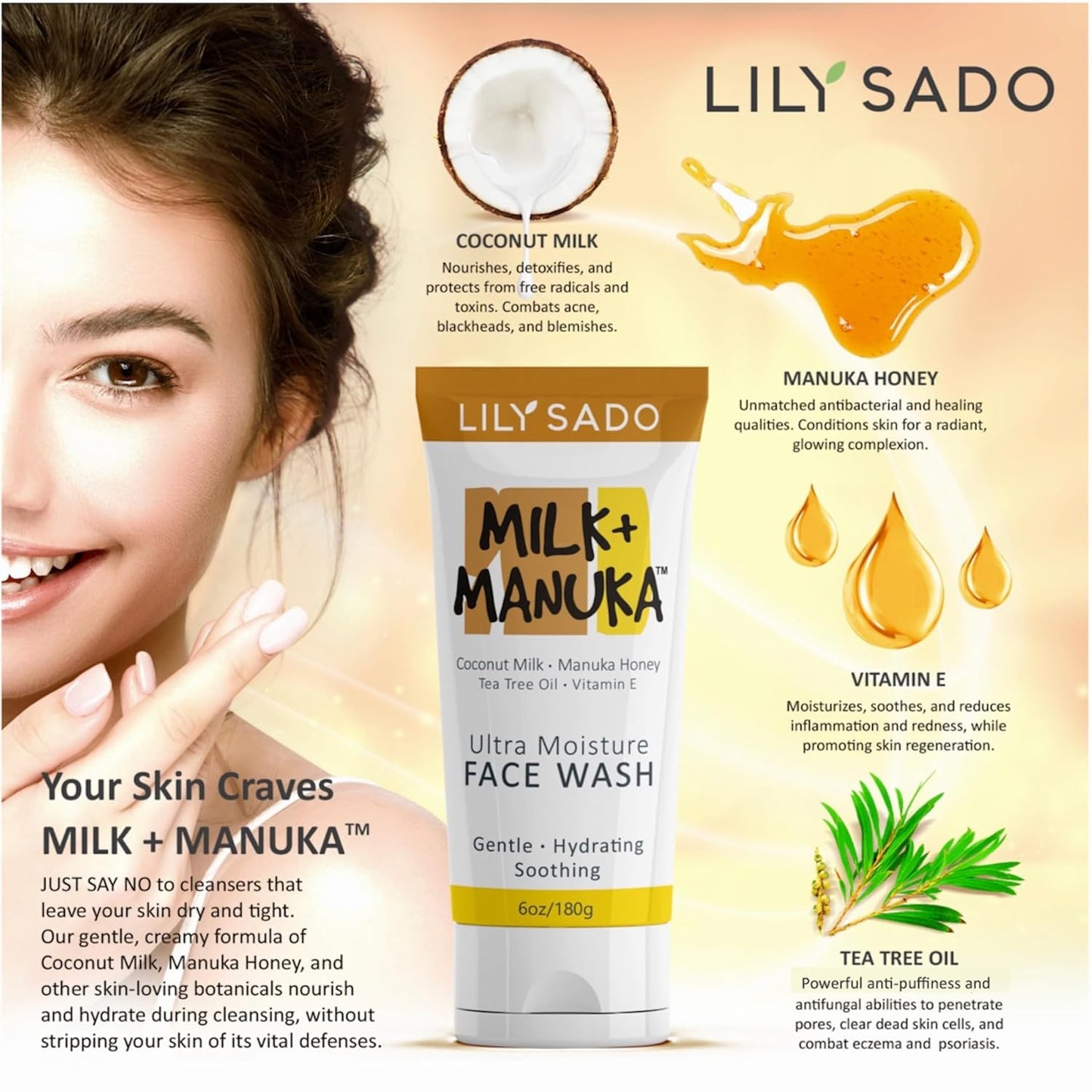 LILY SADO MILK+MANUKA™ Coconut Milk & Manuka Honey Cream Face Cleanser – Natural Ultra Moisturizing Facial Wash Cleanses, Balances, Soothes & Hydrates - Large 6oz