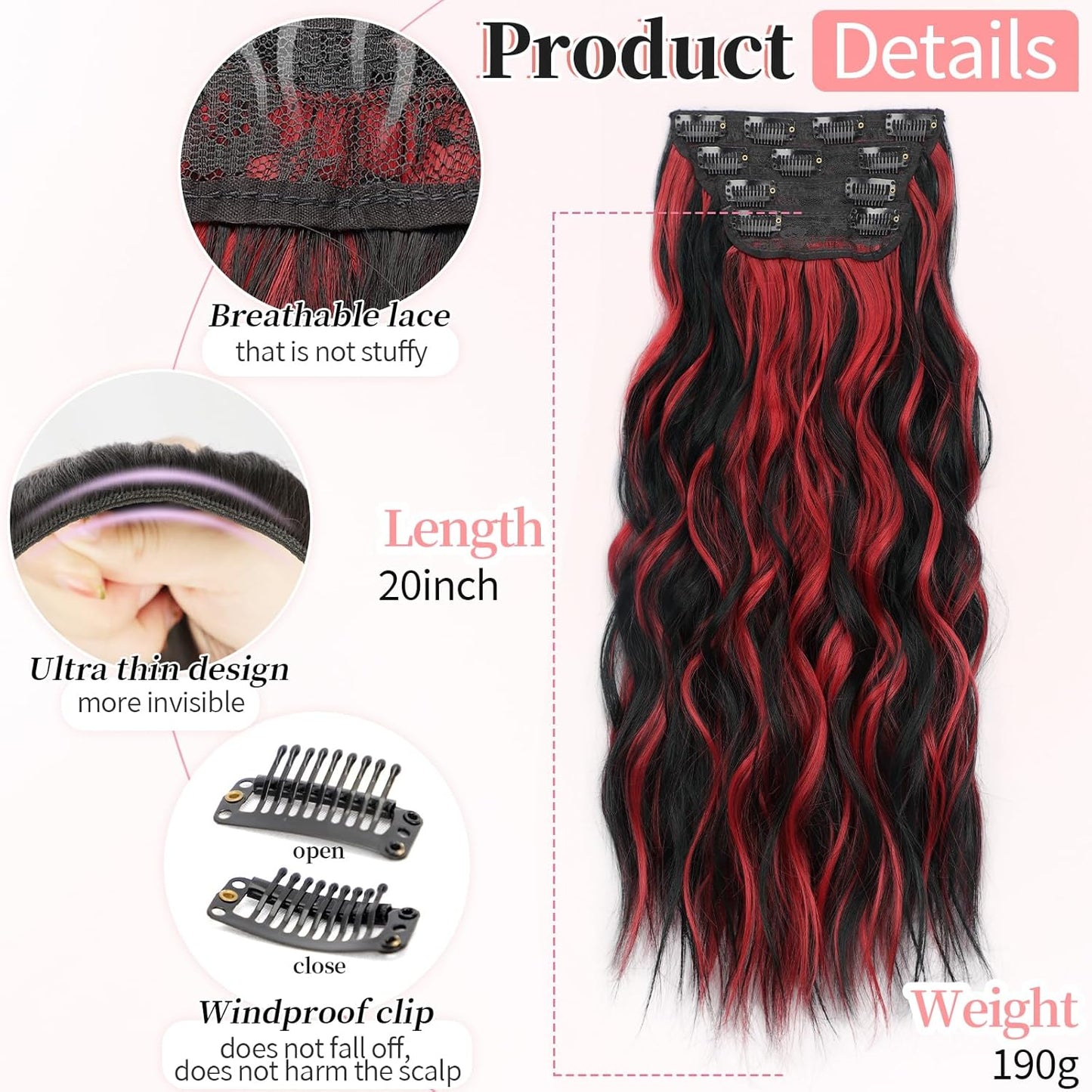 KooKaStyle Hair Extensions Black Mix Red Highlights 1B/113# Clip in Synthetic Highlight Hair Extensions Long Wavy 4PCS Thick Hairpieces 20 Inch for Women