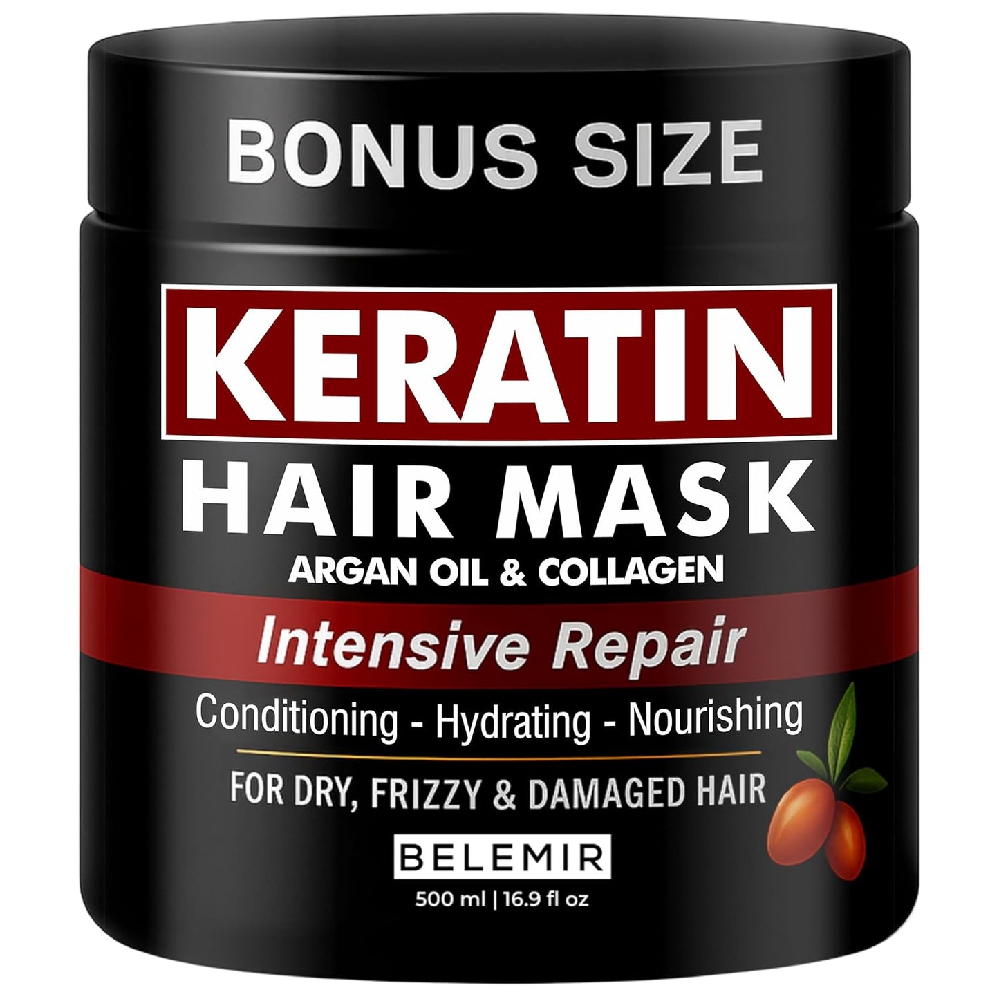 BELEMIR Keratin Hair Mask – Deep Conditioning for Damaged Hair – Collagen & Argan Oil Treatment – Hydrating & Repairing – Sulfate & Paraben Free – 500 ml / 16.9 fl oz