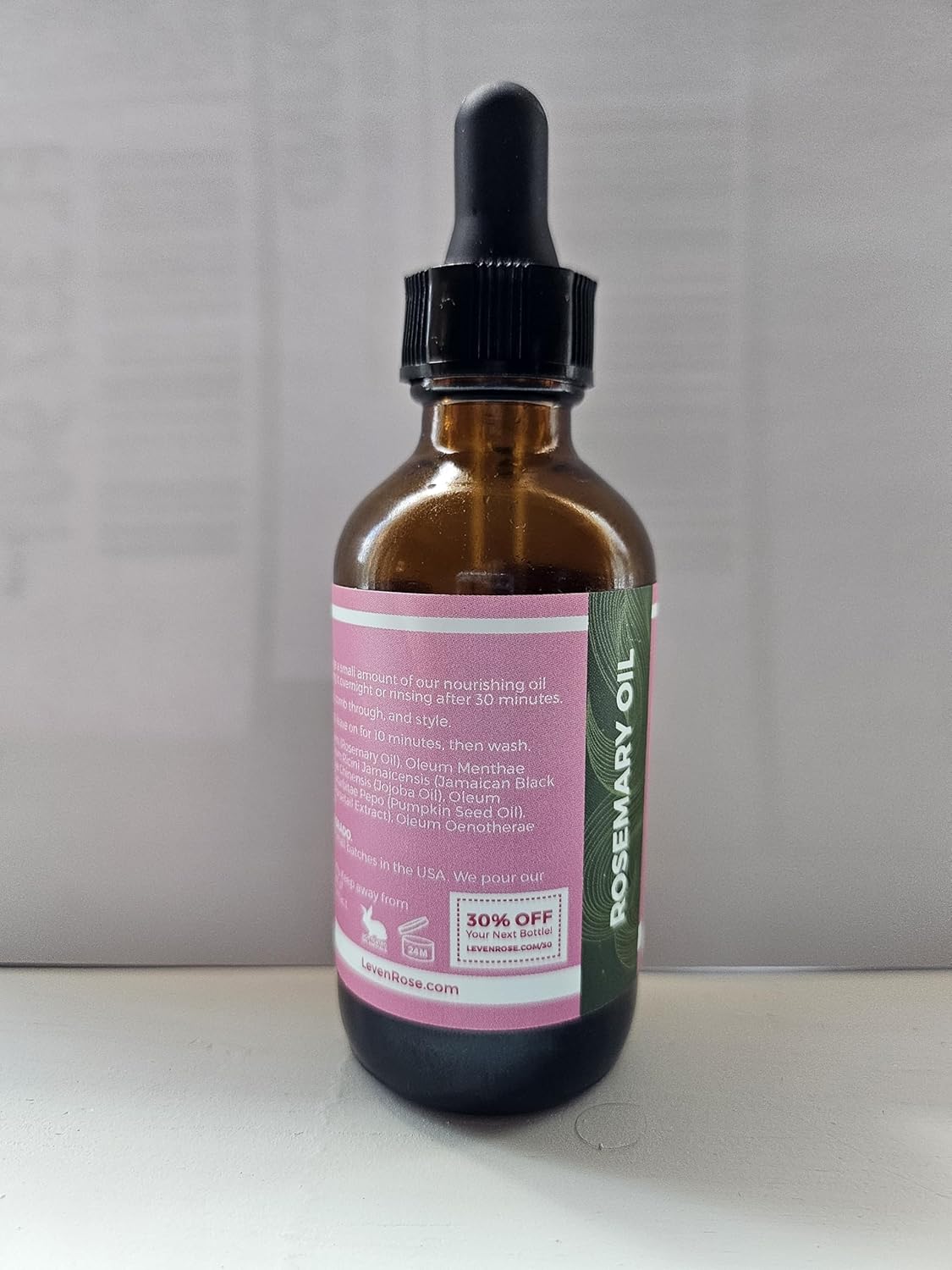 Leven Rose Organic Rosemary Hair Growth Oil with Castor, Rosemary, Peppermint, Jojoba, Argan, Pumpkin Seed, Horse Tail Extract, Evening Primrose for all Hair Types, Natural, 2 oz