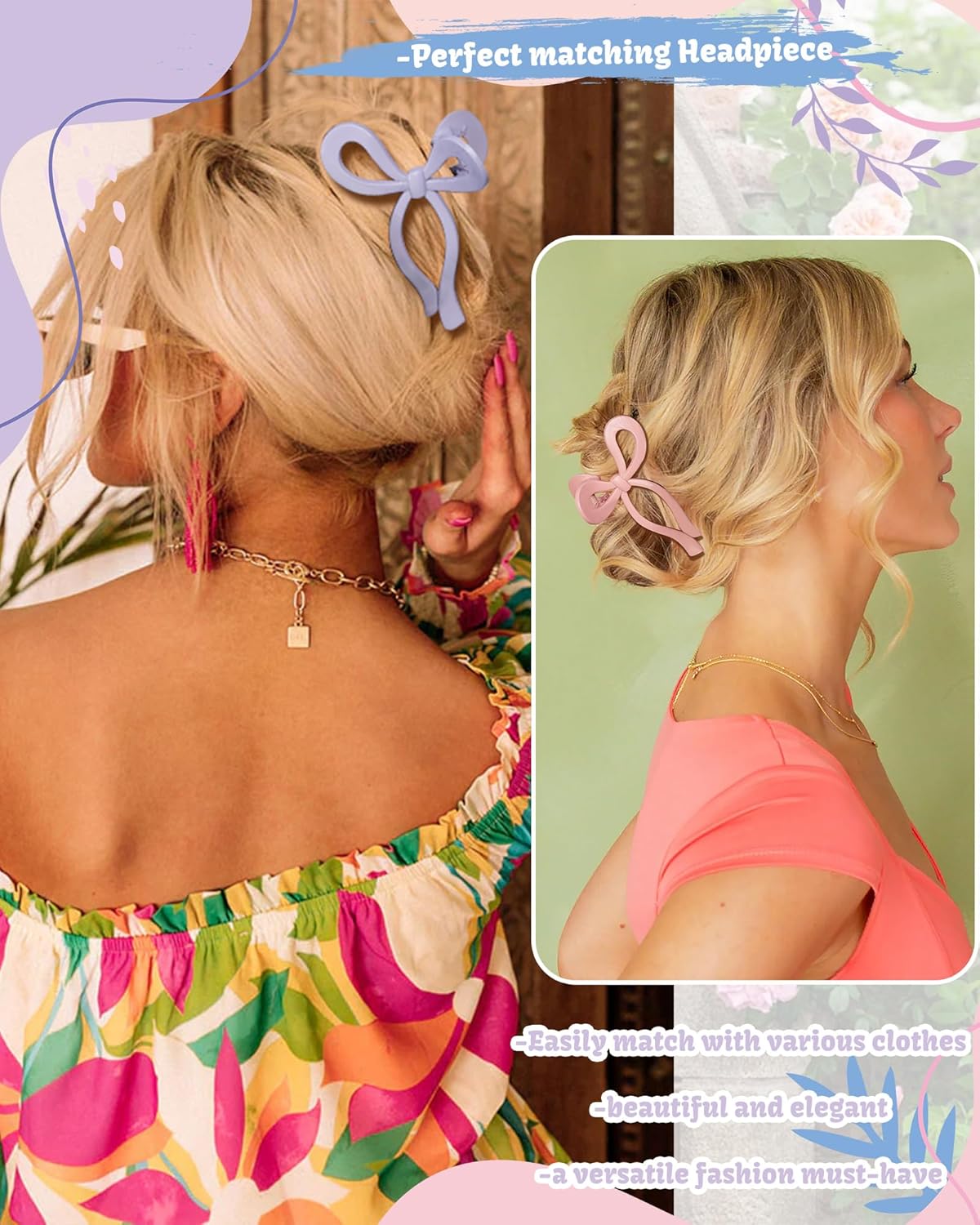 4 PCS Bow Hair Clips Bow Claw Clip for Women Nonslip Large Hair Claw Clips for Thin and Thick Hair Strong Hold Hair Bows (Pink+Watermelon Red+Light Purple+Sky Blue)