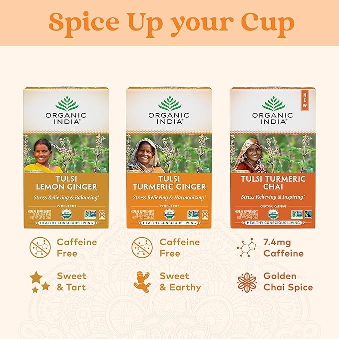ORGANIC INDIA Tulsi Turmeric Ginger Herbal Tea - Stress Relieving & Harmonizing, Immune Support, Aids Digestion, Vegan, Caffeine-Free - 18 Infusion Bags, 6 Pack