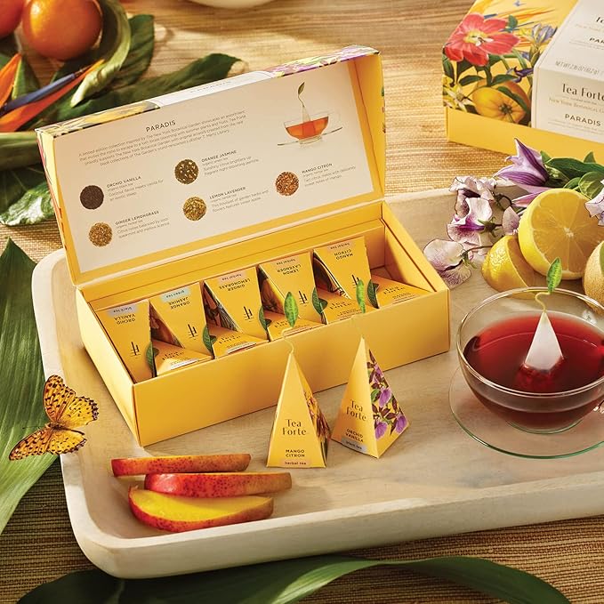 Tea Forte Paradis Petite Presentation Box Tea Gift Set Sampler, 10 Count, 2 of Each Variety Individually Wrapped Handcrafted Pyramid Infuser Bags