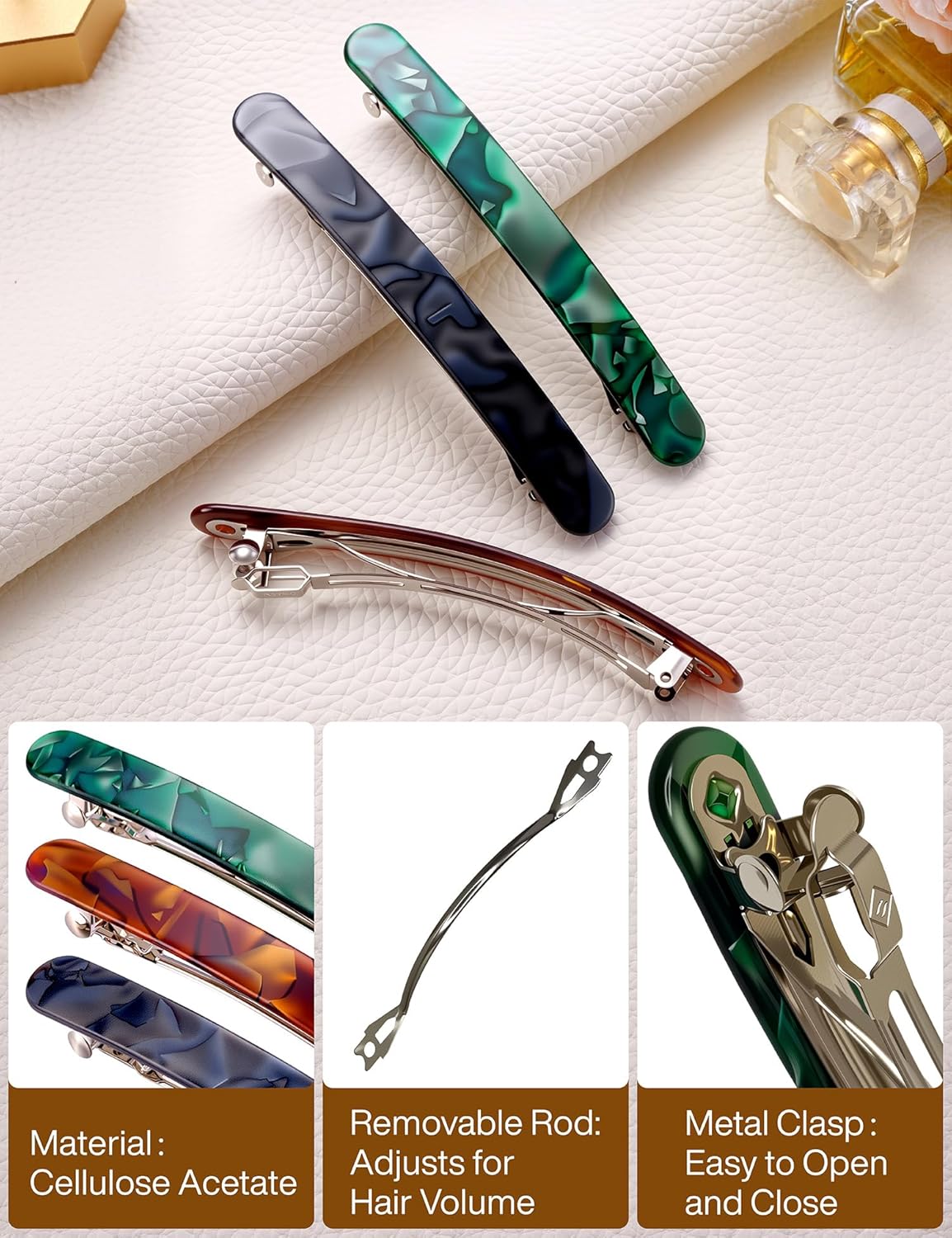 4 Inch Large Hair Barrettes for Women - Strong Hold French Clips for Thick/Thin Hair, Tortoiseshell Acetate Accessories for Ponytail, Half-Up Hairstyles - 3 Pack (Brown, Green, Grey Black)