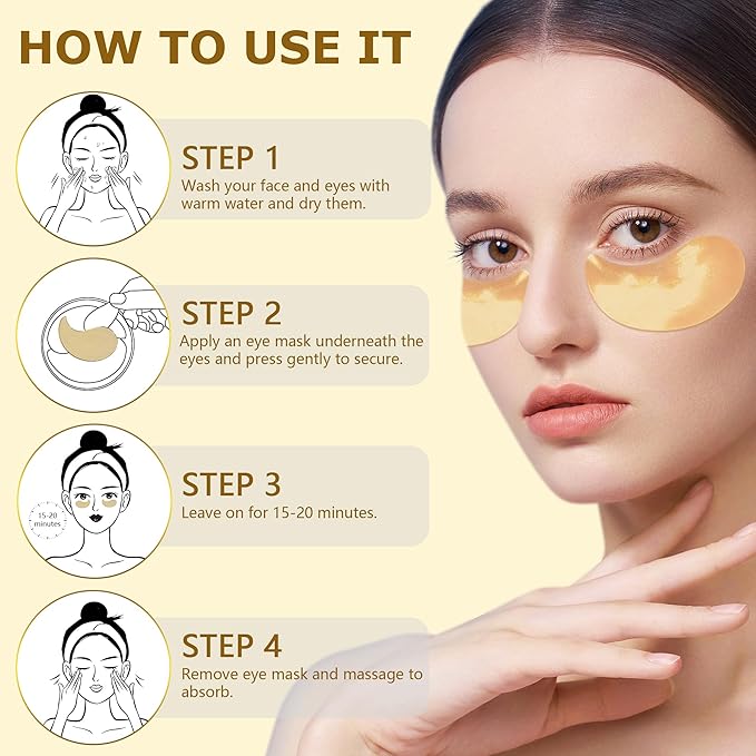 Gold Under Eye Patches-60 Pcs Eye Masks | Anti-Aging |Boost Lift & Firm the Look of the Eye Area |Eye Patches for Puffiness,Bags,Dark Circles (60 Count (Pack of 1), Under Eye Patches)
