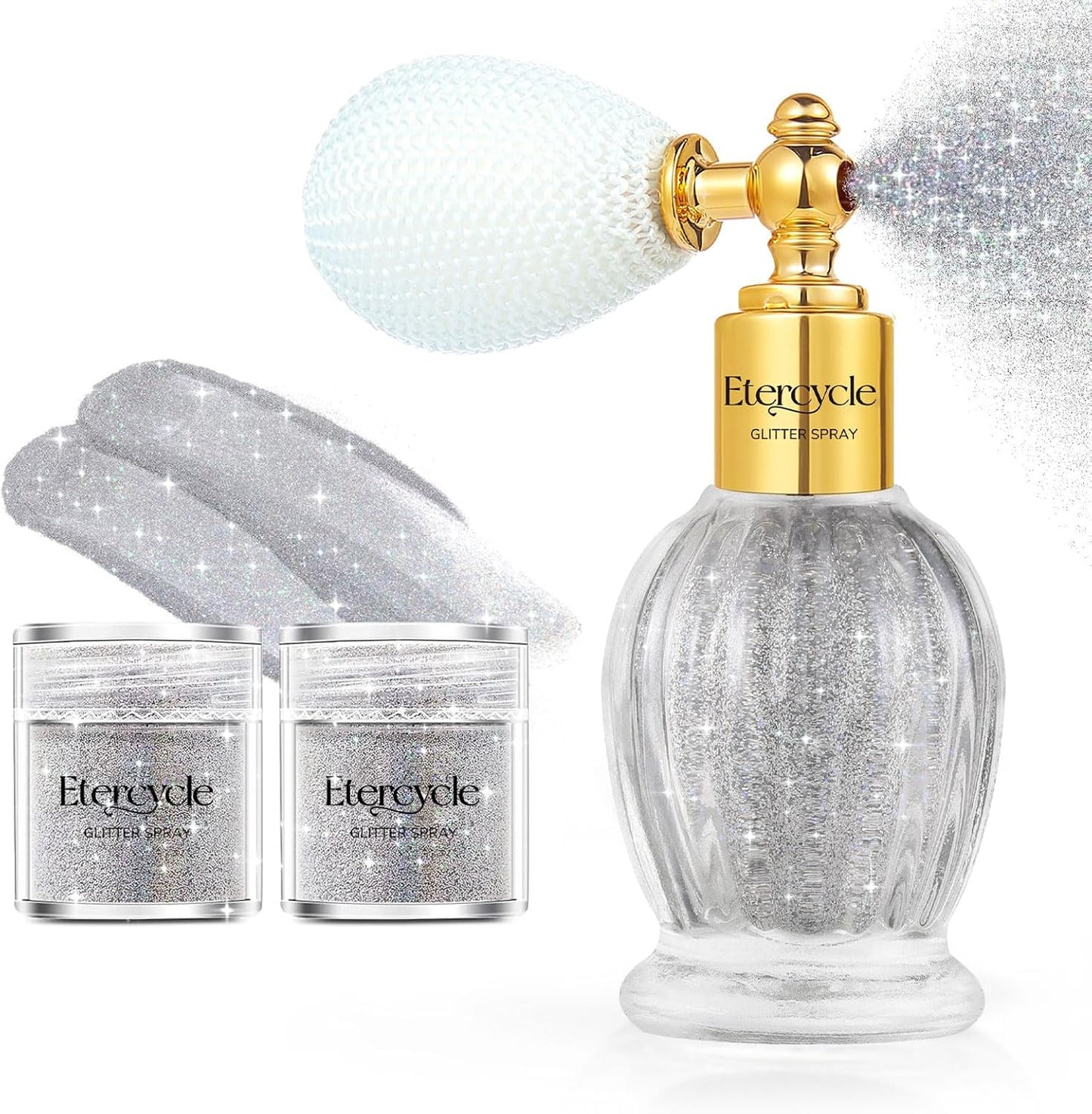 Etercycle Body Glitter Spray, Silver Hair Glitter Shimmer Sparkle Powder, Extra Fine Face Body Shimmer Cosmetic Glitter Makeup for Rave Clothes Nail Art Easter Halloween Crafts