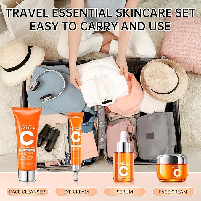 Vitamin C Skincare Set, 4PCS Travel Skincare Set With Facial Cleanser, Eye Cream, Serum & Face Cream, Facial Skincare Set for Teen Girls and Women for Moisturizing, Anti-Aging, Anti-Wrinkle