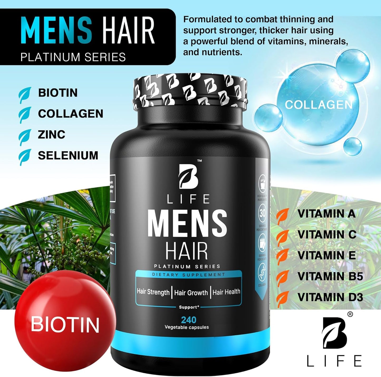 Men’s Hair Growth Supplement – Biotin & Collagen Hair Vitamins for Men – Thicker, Fuller Hair, Nail & Scalp Support – Hair Loss Supplement with Zinc, Selenium & Vitamins A C D E – 240 Capsules