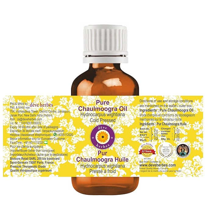 dève herbes Pure Chaulmoogra Oil (Hydnocarpus wightiana) 100% Natural Therapeutic Grade Cold Pressed 15ml (0.50 oz)
