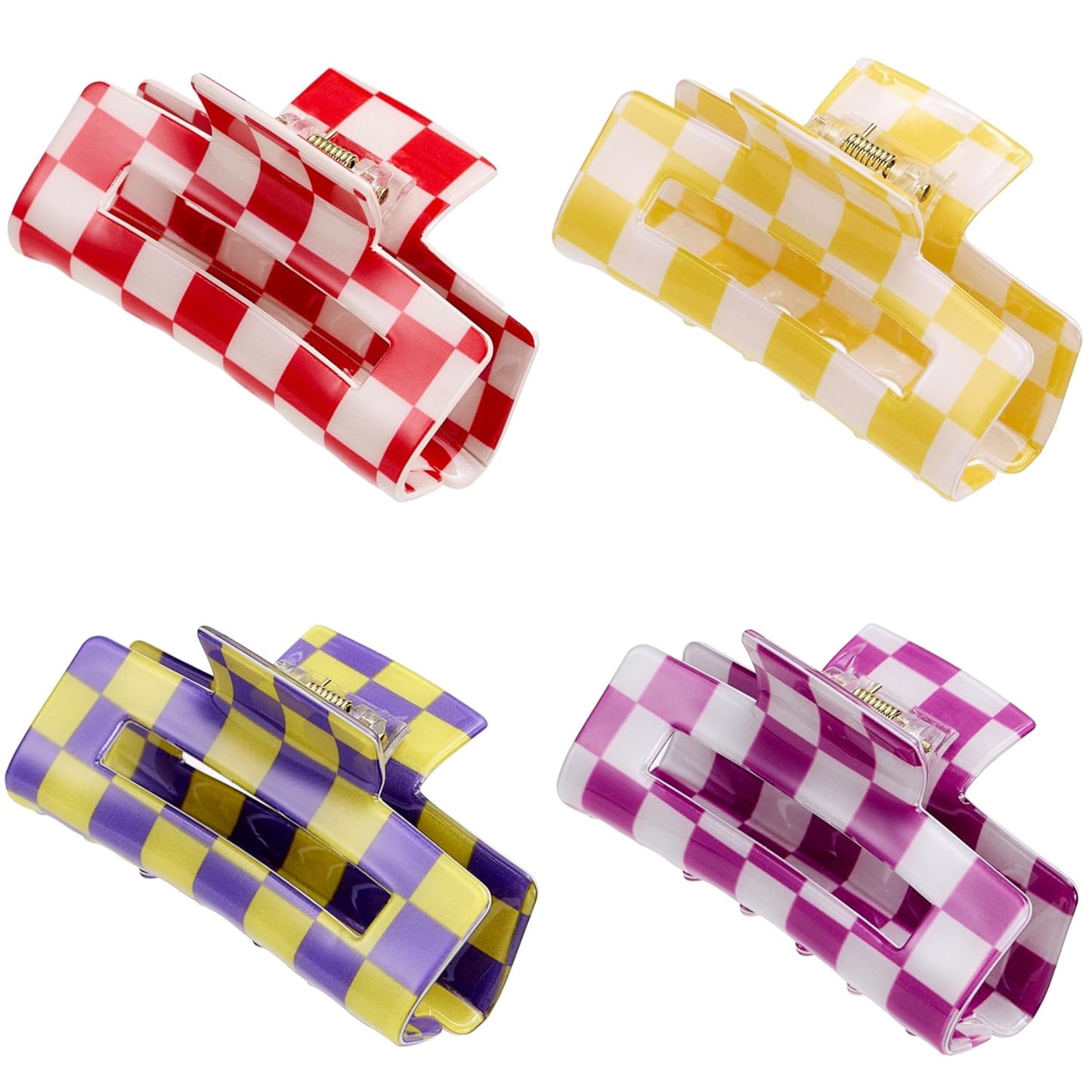 SINIDE Checkered Hair Claw Clips, Rectangle Bright Multicolored Square Checker Barrettes for Women Ladies Medium Non Slip Jaw Clip Acrylic Claw Clamps Accessories for Thin Thick Hair (4 Pack)