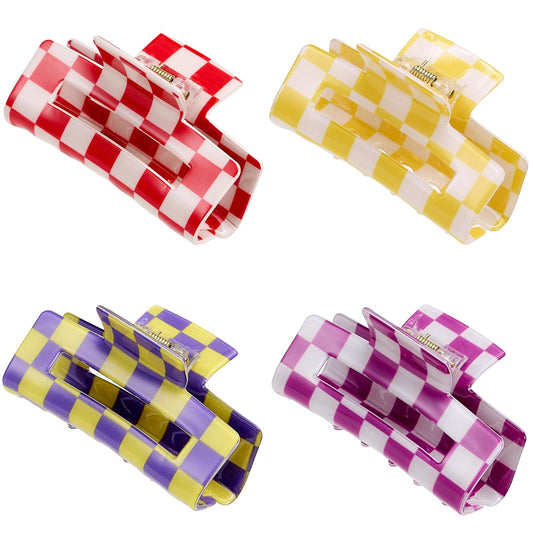 SINIDE Checkered Hair Claw Clips, Rectangle Bright Multicolored Square Checker Barrettes for Women Ladies Medium Non Slip Jaw Clip Acrylic Claw Clamps Accessories for Thin Thick Hair (4 Pack)