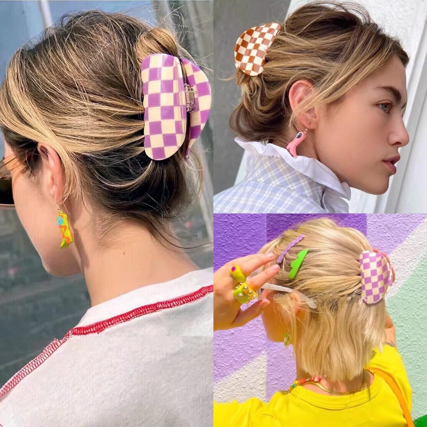 Checkered Hair Claw Clips, Acrylic Multicolored Semicircle Checker Barrettes for Women Ladies Medium Cute Non Slip Hair Jaw Clips Strong Hold Claw Clamps Hair Accessories for Thin Thick Hair (4 Pack)