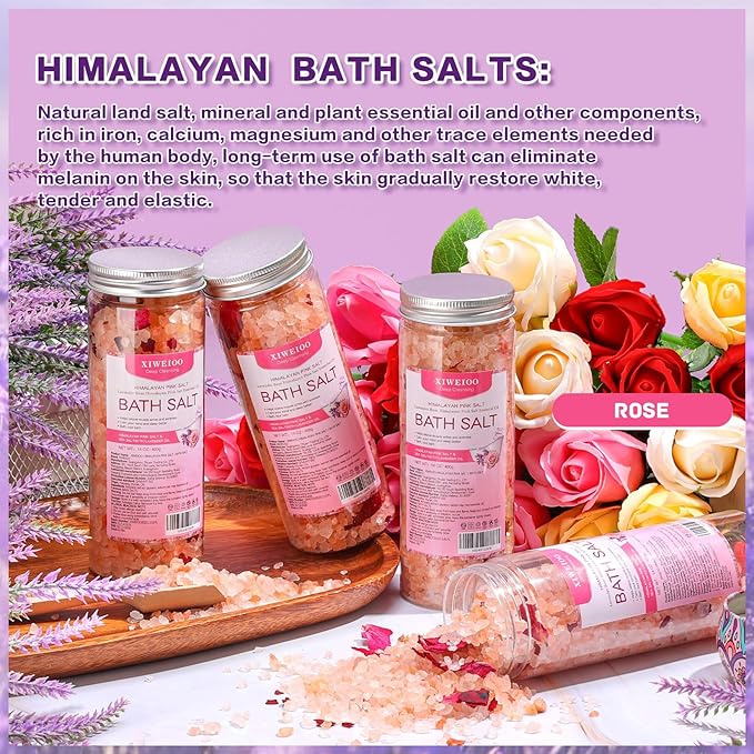 Bath Salts Set -56 oz, Pack of 4 Natural Epsom Salt for Soaking Rose Salts kit - Essential Oils Relaxes and Better Sleep Himalayan Pink Salt Foot Soak Tea Tree Oil for Women