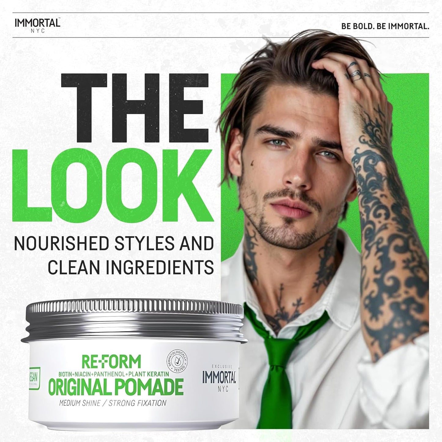 Immortal NYC Re-Form Original Pomade – Medium Shine & Strong Hold - Men's Water-Based Hair Balm - Vegan Styling Cream with Biotin, Keratin & Panthenol for All Hair Types